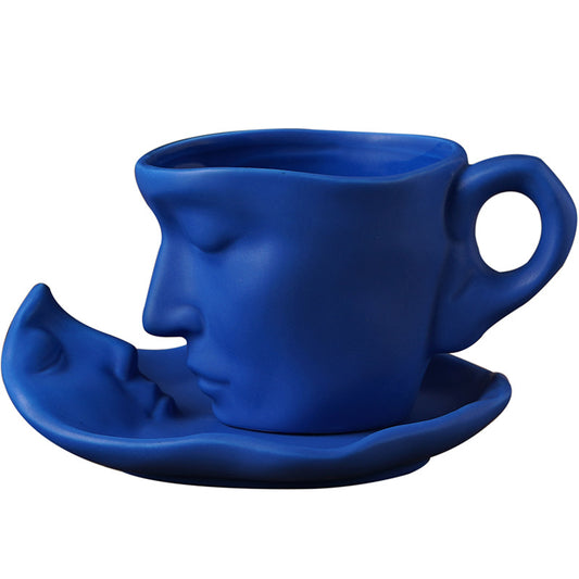 Beddinginn Kissing Couple Coffee Mug Set Ceramic 8 Oz, Kissing Face Tea Cup Saucer Set with Spoon, Blue