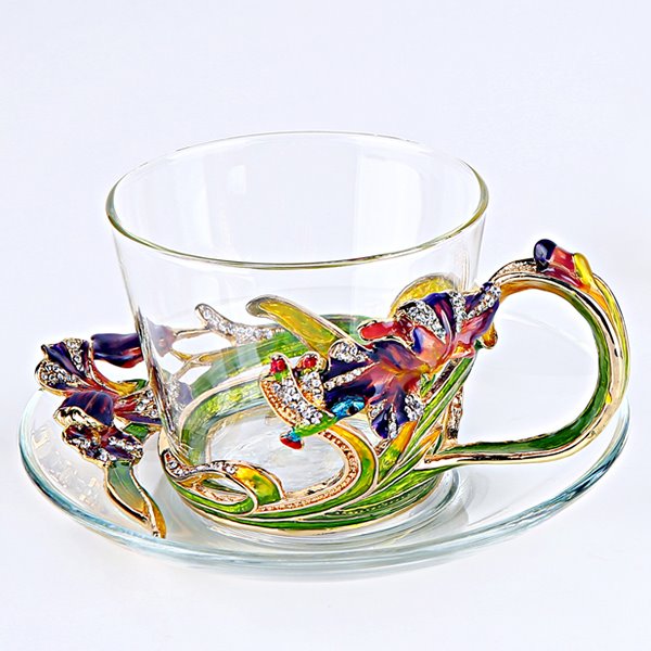 Gorgeous Enamel Iris Decorative Glass Coffee Cup 1-Piece