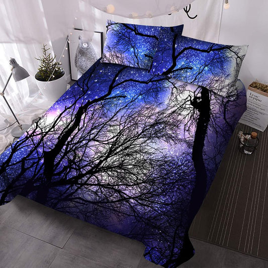 Starry Purple Sky and Black Tree 3-Piece Comforter Set with 2 Pillowcases, Microfiber Galaxy Comforter