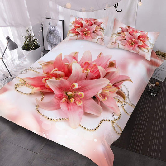 3D Pink Lily 3Pcs Comforter Set Lightweight Warm Soft Machine Washable Bedding Down Comforter Insert with 2 Pillow Cases