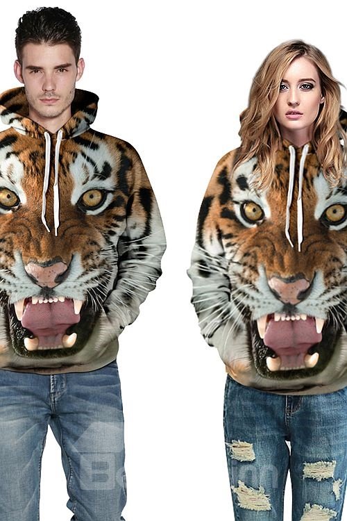 Fashion Long Sleeve Tiger Face Tooth Front Pocket Pattern 3D Painted Hoodie