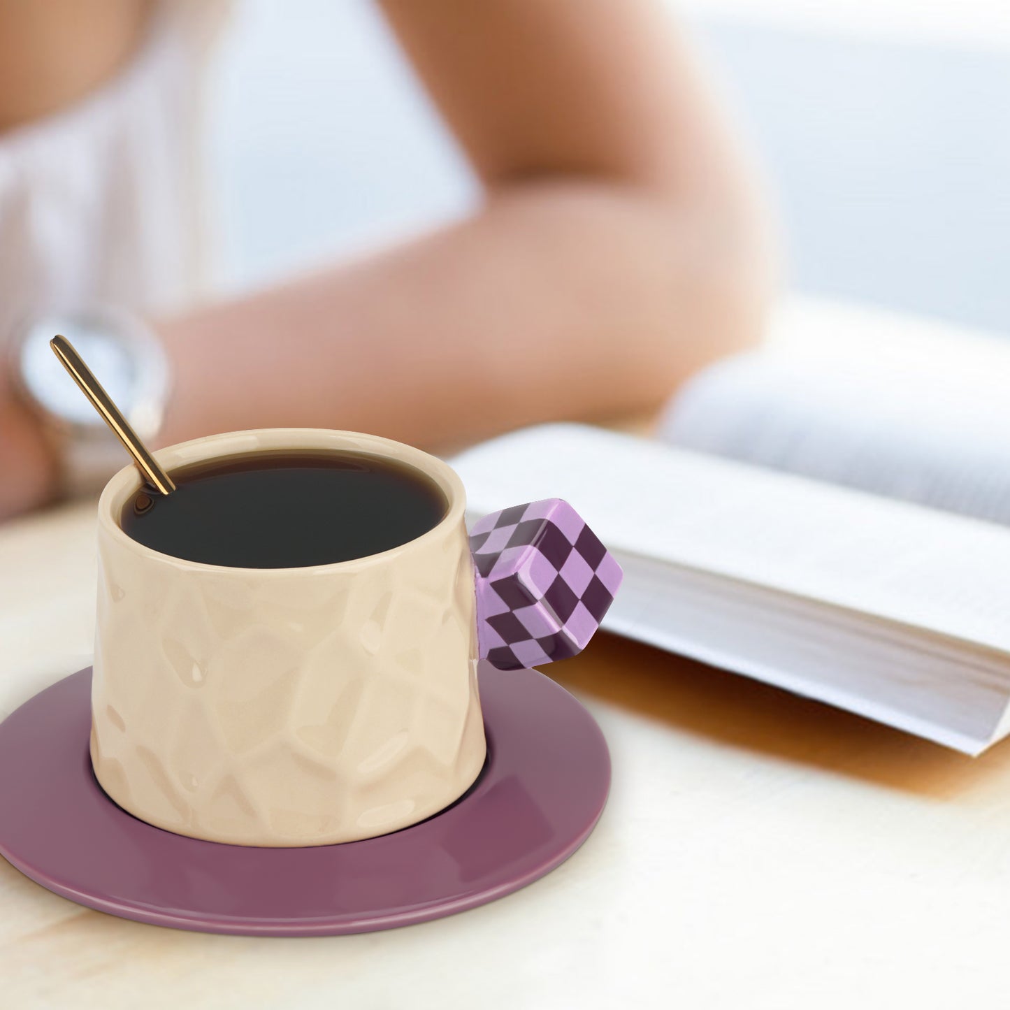 Novelty Tea Cup and Saucer Set with Cubic Handle, Ceramic Coffee Cups Mug for Home Office Party