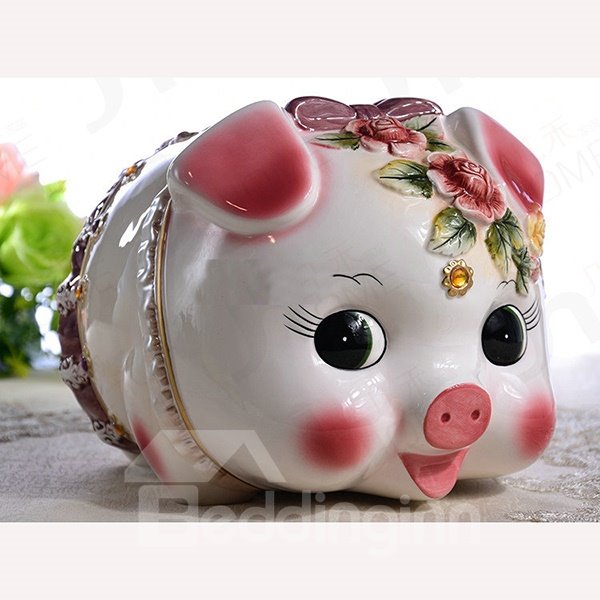 Cute Ceramic Pig Piggy Bank Painted Pottery