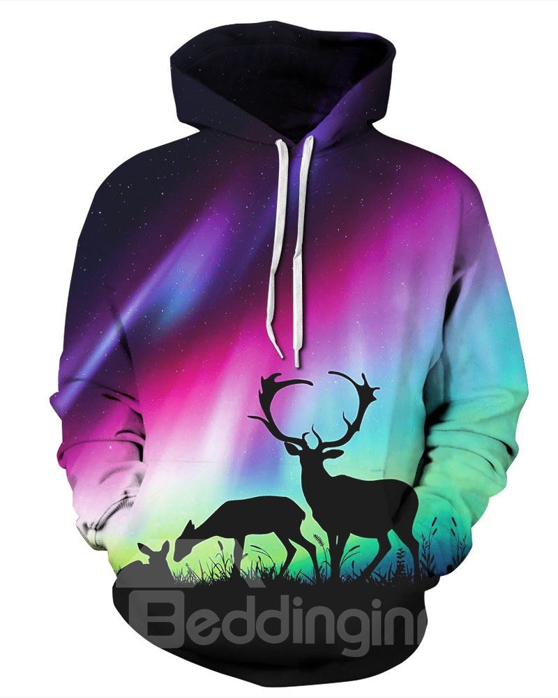 Long Sleeve Aurora Deer Pattern 3D Painted Hoodie