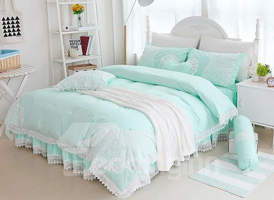 Princess Style Lace Edging Mint Green Cotton 4-Piece Bedding Sets