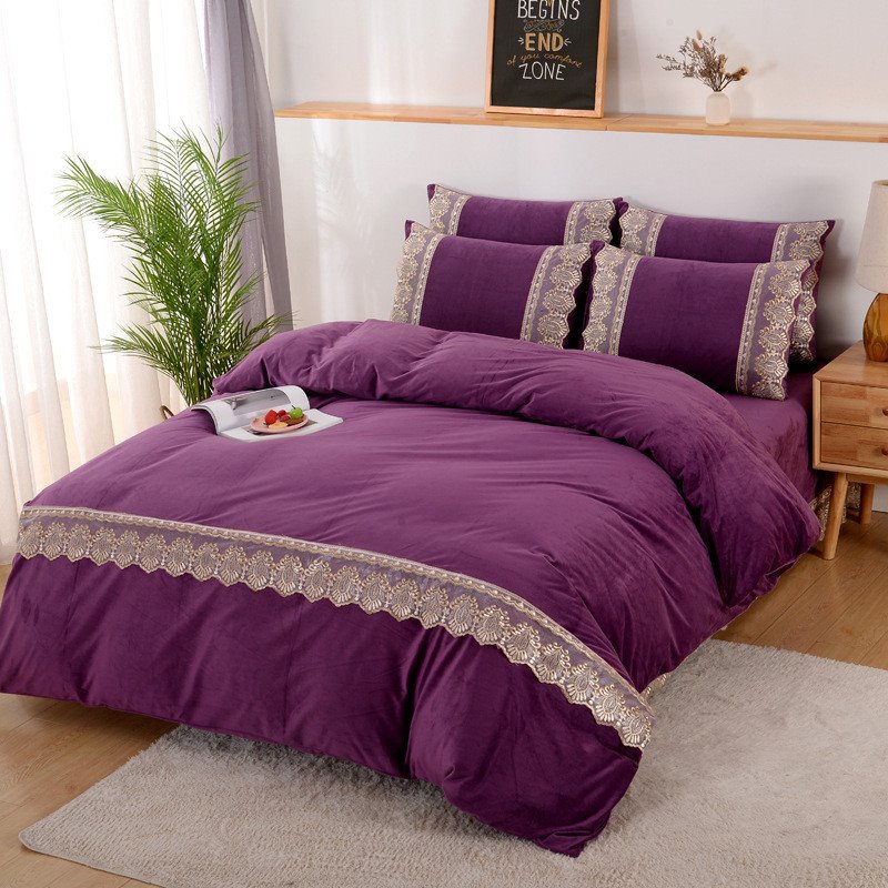 European-style Simple Lace 4-Piece Plush Bedding Set/Duvet Cover Set Warm Solid Color Fluffy Bedding