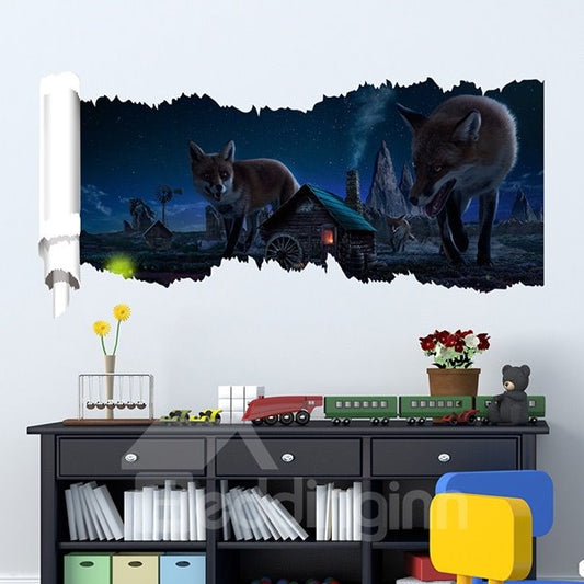 Wolves and Small Houses at Night 3D Waterproof Wall Stickers
