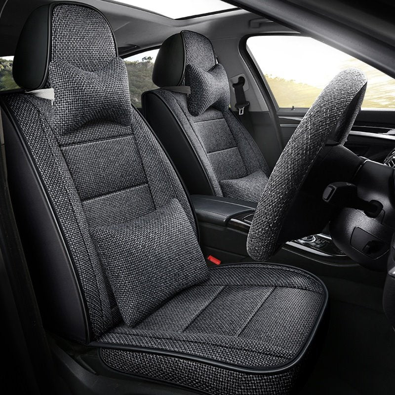Car Seat Cover Breathable Fabric Wear-resistant Materials Wear-resisting Scratch No Peculiar Smell Fresh Breathable Not Stuffy Airbag Compatible 5-seater Universal Fit Seat Covers for Auto with Lumbar Pillow*2 Headrest Pillow*2 Steering Wheel Cover*1