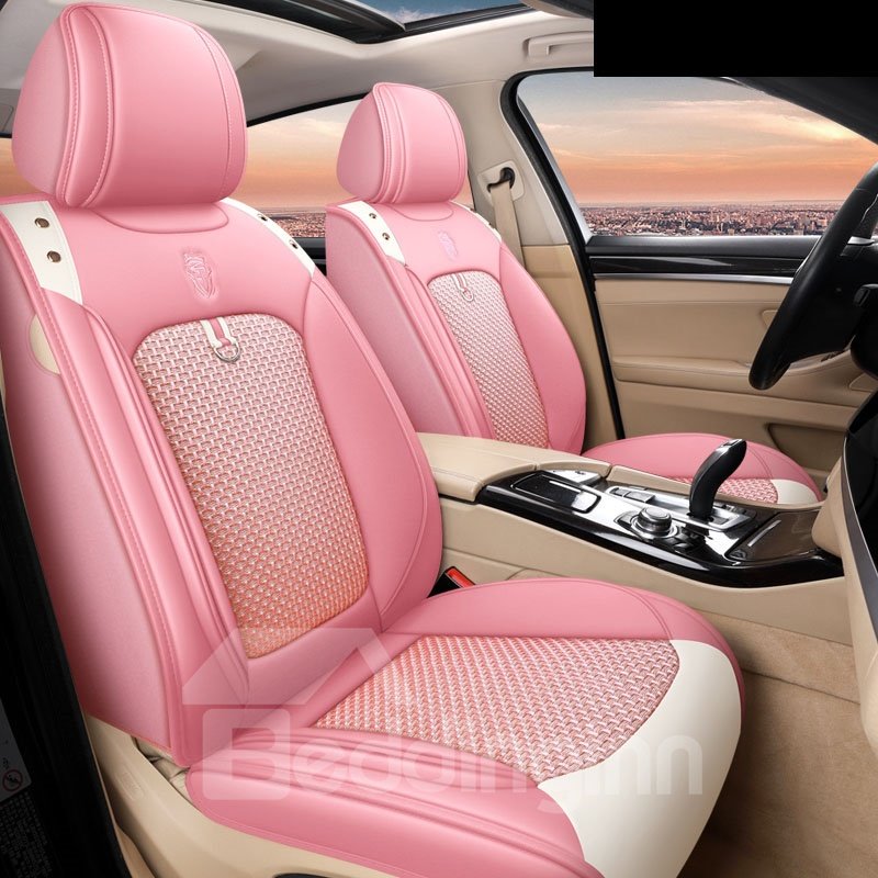 Autositzbezüge, kompletter Satz geteilter Sitzbankschutz vorne und hinten, einfache Installation mit zweifarbigem Akzent, universelle Passform für Auto, LKW, Van, SUV, strapazierfähiges Leder und atmungsaktives Leinenmaterial, kompatibel mit Airbags