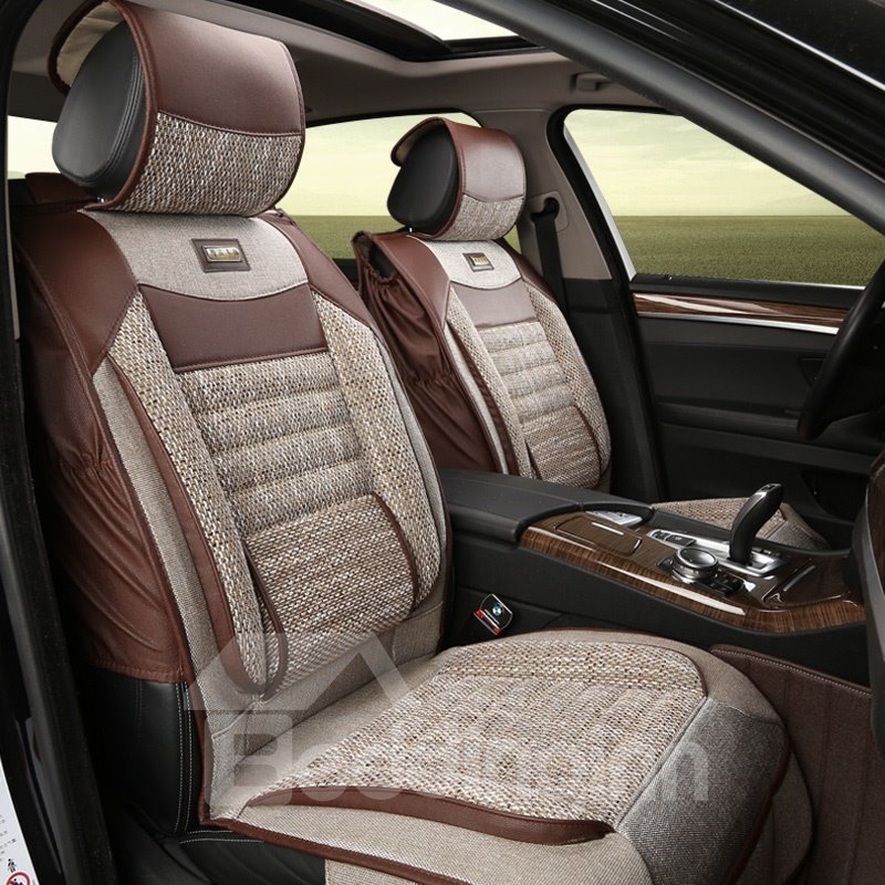 Car Seat Covers Full Set Comfy Design Soft And Breathable Linen Universal Car Seat Cover Front and Rear Split Bench Seat Protectors Universal Fit Interior Accessories for Auto Truck Van SUV