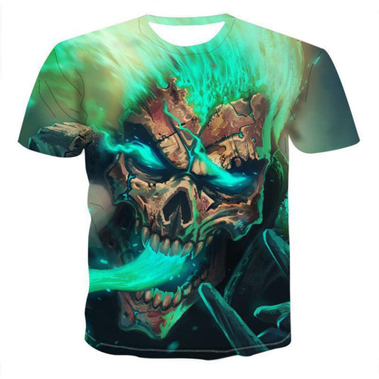 Green 3D Print Skull Men's T-shirt Creative Casual Couple Outfit Unisex Short Sleeve Round Neck Loose T-shirts