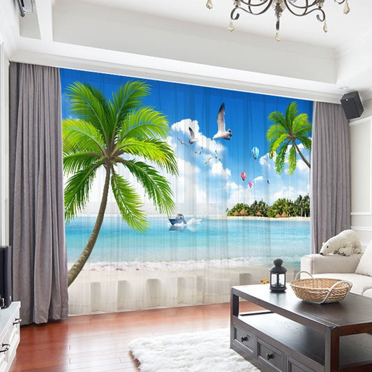 3D Beach Scenery Decoration 2 Panels Sheer Curtains for Living Room 30% Shading Rate No Pilling No Fading No off-lining