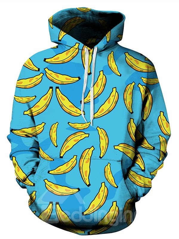Lovely 3D Banana Graphic Novelty Hoodies Fruit Themed Long Sleeve Hooded Sweatshirt Pullover Sweater for Adults Women Men