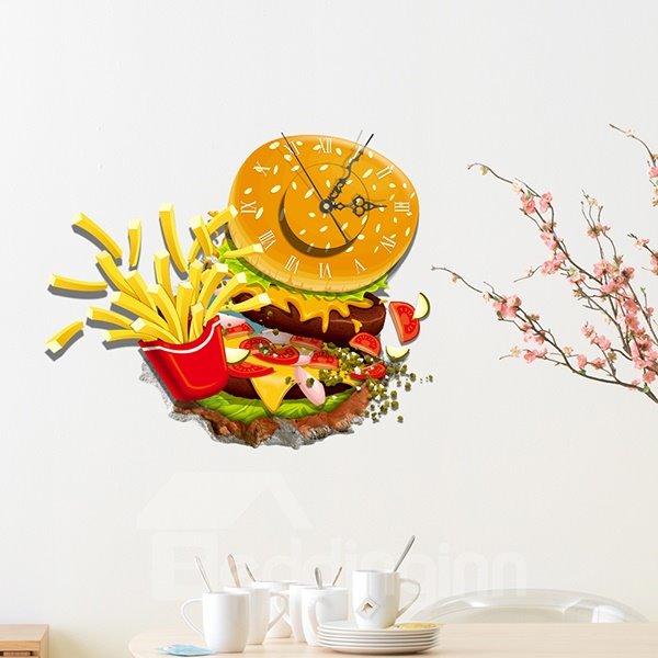 Mouth-Watering Fast Food Chips and Hamburger Design 3D Sticker Wall Clock
