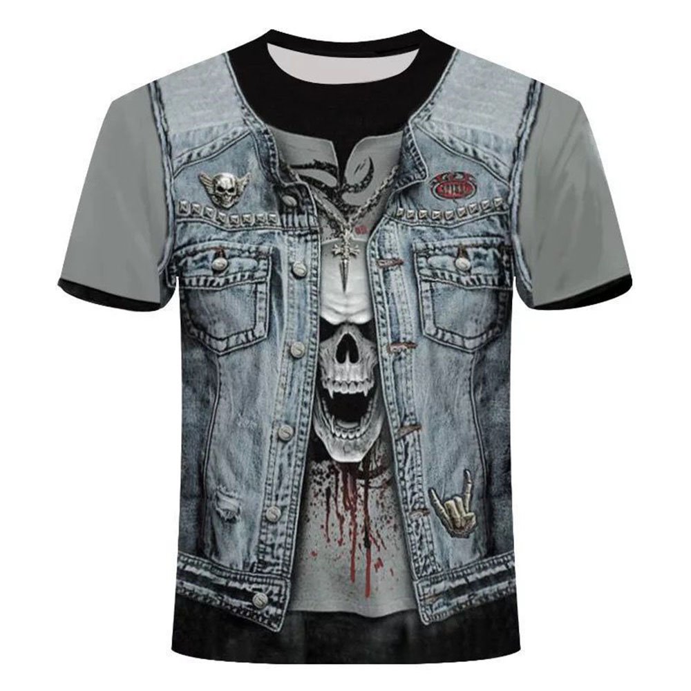 Gray 3D Print Skull Men's T-shirt Denim Creative Casual Couple Outfit Unisex Short Sleeve Round Neck Loose T-shirts
