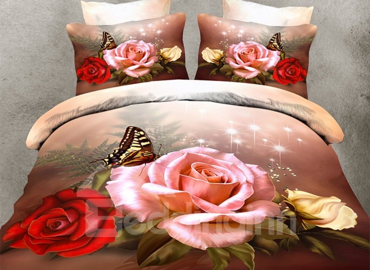 US Only 3D Roses and Butterfly Printed Polyester 4-Piece Bedding Sets/Duvet Covers