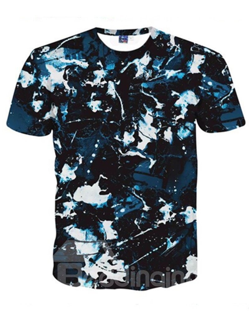 Special Round Neck Camouflage Pattern Dark Blue 3D Painted T-Shirt