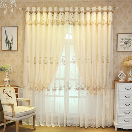 European Embroidered Curtain Sets Sheer and Lining Blackout Curtains Yellow and Coffee Color for Living Room Bedroom Decoration No Pilling No Fading No off-lining