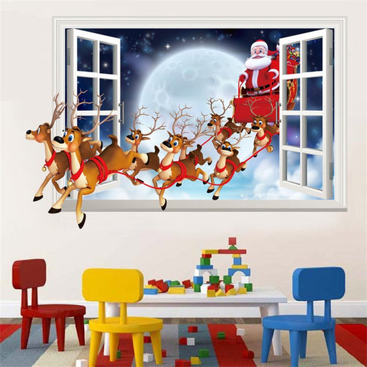 Christmas Decorative Stickers 3D Fake Windows Santa Claus Pirates Decals Wall Stickers Living Room Bedroom Decorations