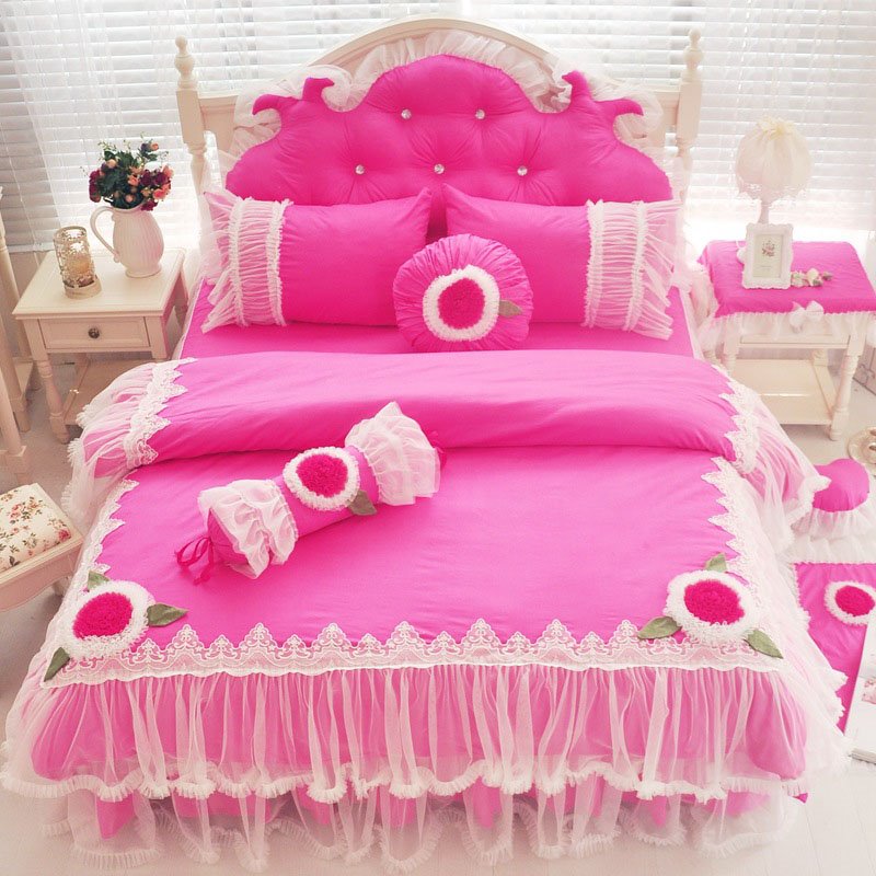 Shaggy Chic Ruffle 4-Piece Duvet Cover Set- 100% Cotton Girls Bedding with Cute Sweet Pink Princess Bed Set (1Duvet Cover/2Pillowcases/1Bedskirt)