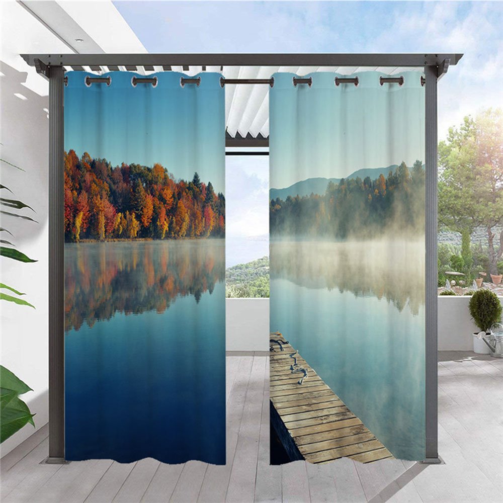 Cortinas modernas con estampado 3D para exteriores, cortina superior con ojal para cabaña, paisaje de lago, impermeable, a prueba de sol, aislante térmico, 2 paneles