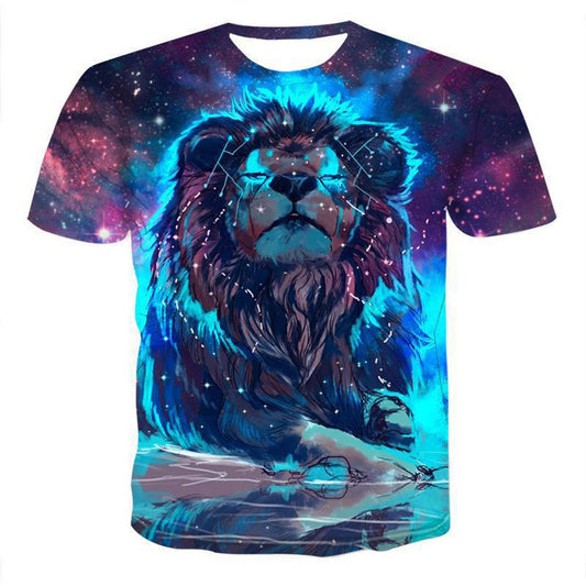 Short Sleeve T-Shirts Lion Blue 3D Novelty Print Cool Graphic Tees Outfit Unisex Round Neck Loose T-shirts XXS-6XL
