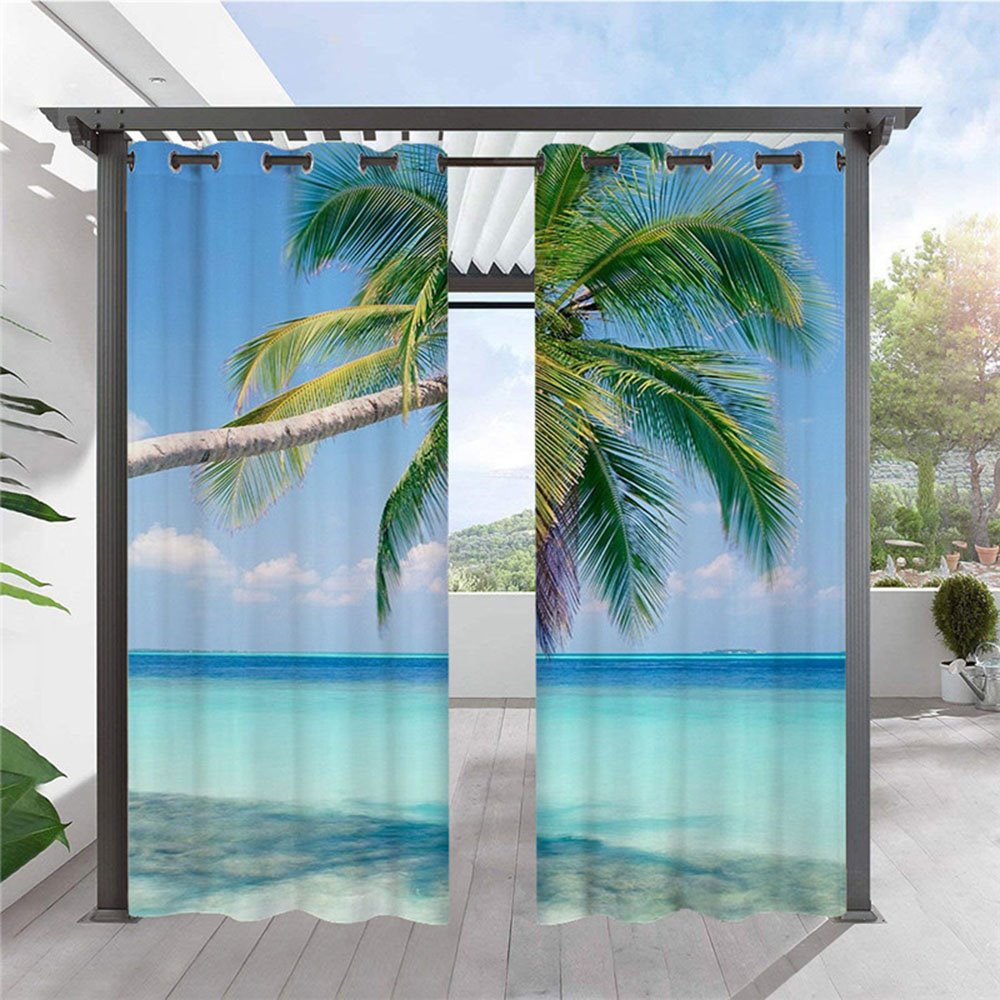 Cortinas modernas con estampado 3D para exteriores, paisaje marino, árbol de coco, cabaña, cortina superior con ojales, impermeable, a prueba de sol, aislante térmico, 2 paneles