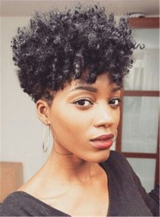 Short Pixie Cut Women's Afro Curly Human Hair Capless Wigs 8 Inches
