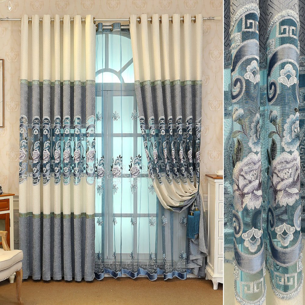 Europäische elegante Schattierungsvorhänge mit Blumenstickerei, hohler Vorhang für Wohnzimmer, Schlafzimmer, Dekoration, individuell, 2 Bahnen, Vorhänge, kein Pilling, kein Ausbleichen, kein Abblättern, 50 % Schattierungsrate