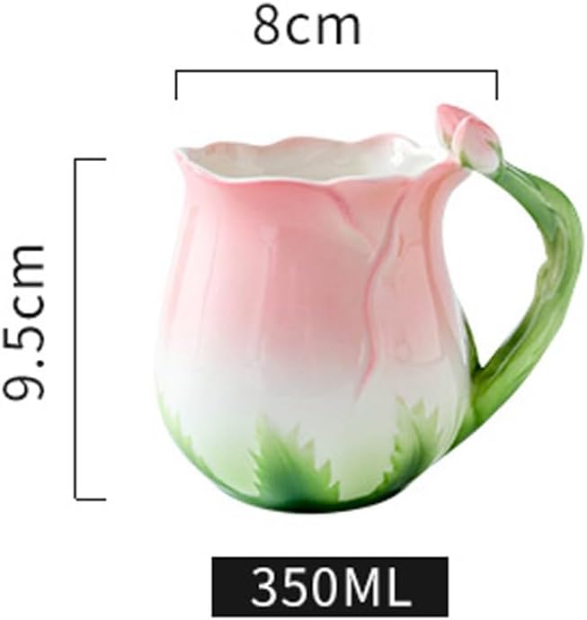 Beddinginn Ceramic Pink Tea Cup Coffee Mug Sets with Spoon Rose Shape Design For Women Mom Gift,10.8Oz
