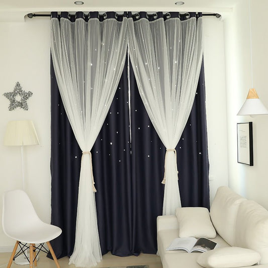 Blackout Curtains Dark Blue Color Modern Star Curtains Sets 2 Panels Window Shading Curtains for Living Room Bedroom