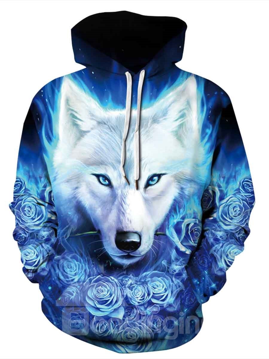 Sudaderas con capucha frescas de manga larga con bloques de color con patrón de lobo de fuego 3D