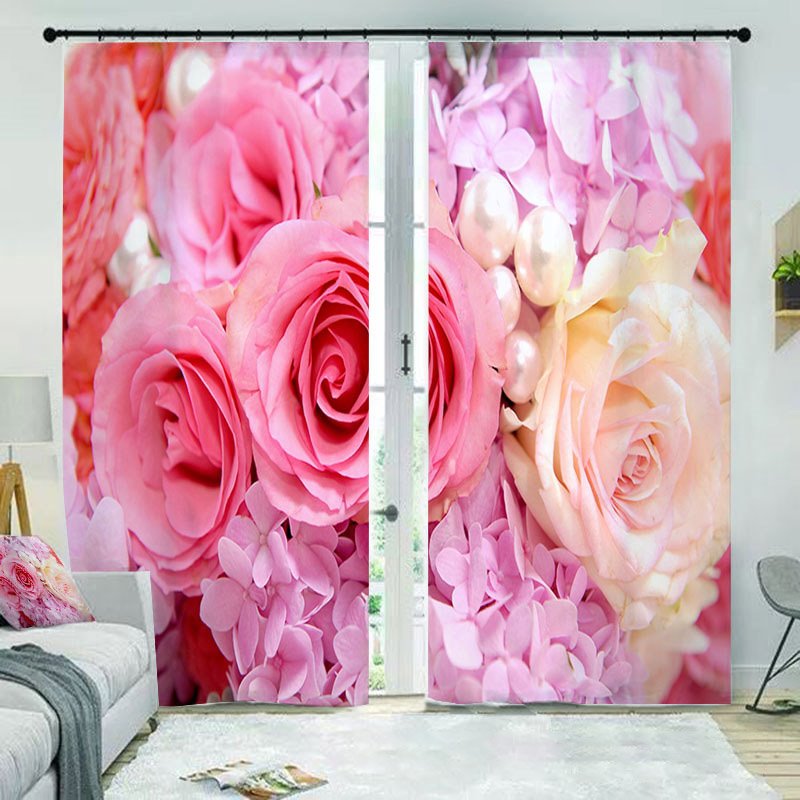 Cortinas florales 3D de color rosa moderno, 2 paneles de rosas, cortinas para decoración de sala de estar y dormitorio, sin pelusas, sin decoloración, sin forro de poliéster