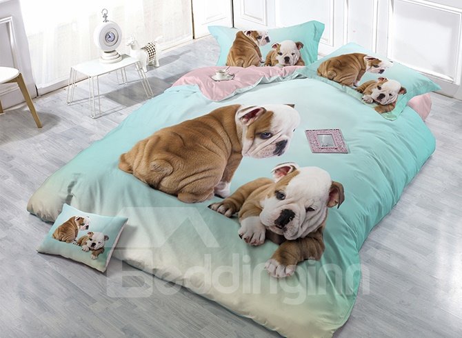 Khaki Bulldog Light Blue Wear-resistant Breathable High Quality 60s Cotton 4-Piece 3D Bedding Sets
