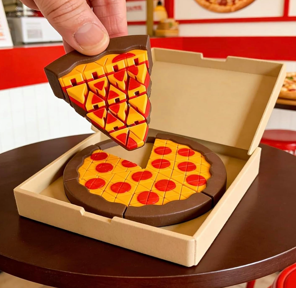 3D Printed Pizza Fidget Toy, Mini Pixel Pizza Slice Stress Relief Toy with Pizza Box, Funny Pizza Party Decorations, Unique Desk Decor and Quirky Gift(Single Slice with Box)