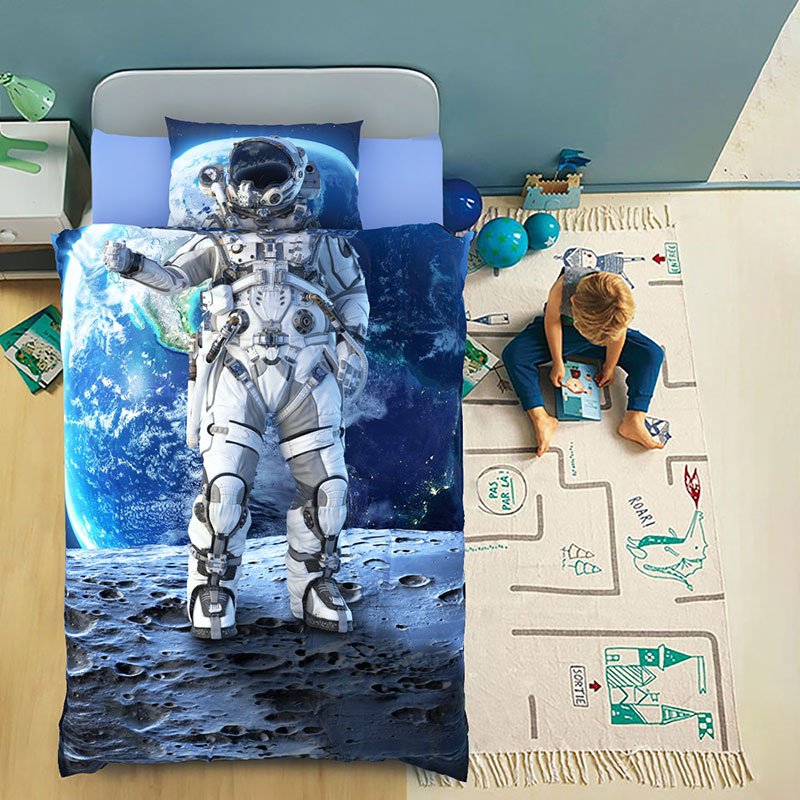 Juego de funda nórdica de 4 piezas con astronauta 3D, ropa de cama de satén de algodón de alta calidad, transpirable, resistente al desgaste, espacio azul, años 60