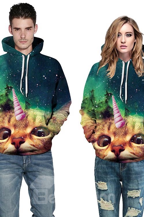 Colorful Long Sleeve Cat Pattern Starry Sky Background 3D Painted Hoodie