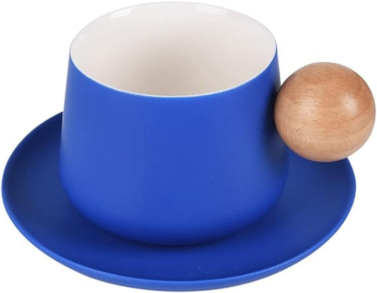 Ceramic Coffee Mug with Saucer Set, Creative Cup with Round Wooden Handle Design, 10 Oz Capacity for Latte Tea Milk