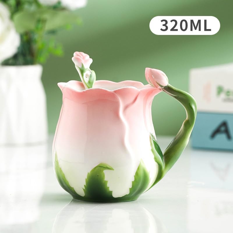 Beddinginn Ceramic Pink Tea Cup Coffee Mug Sets with Spoon Rose Shape Design For Women Mom Gift,10.8Oz