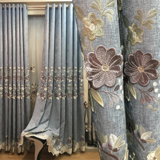 European Floral Embroidery Grommet Shading Curtains Chenille Blackout Curtain Custom 2 Panels Drapes for Living Room Bedroom Decoration No Pilling No Fading No off-lining