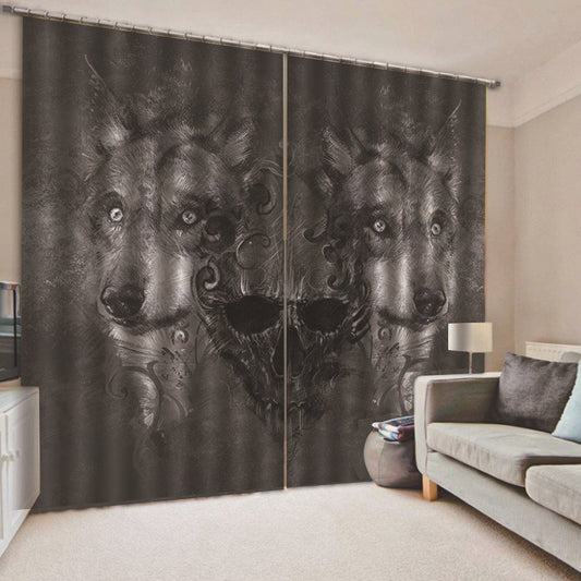 Wolf and Skull Printed Curtains, 2 Panel Style Dark Gothic Theme Blackout Curtain for Bedroom Living Room
