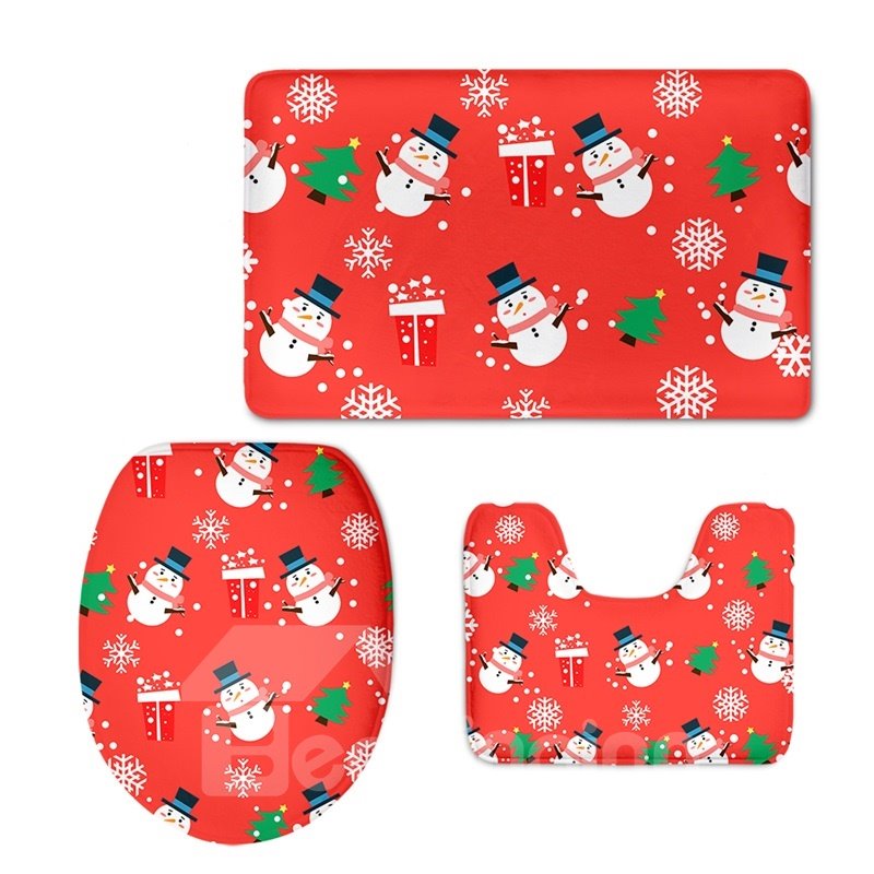 Fundas de asiento de inodoro rojas antideslizantes suaves de PVC de franela con diseño de árboles de muñecos de nieve navideños