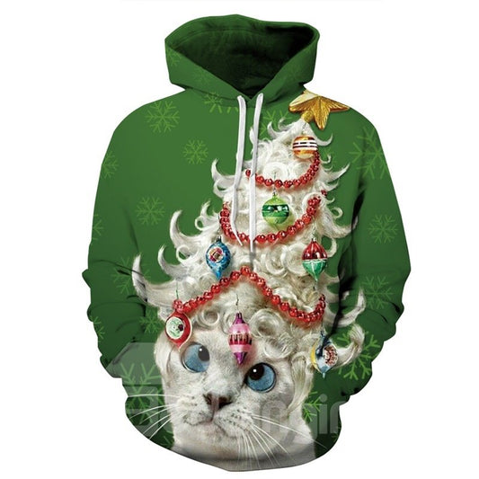 Long Sleeve Cat with Wig Green 3D Pattern Hoodie