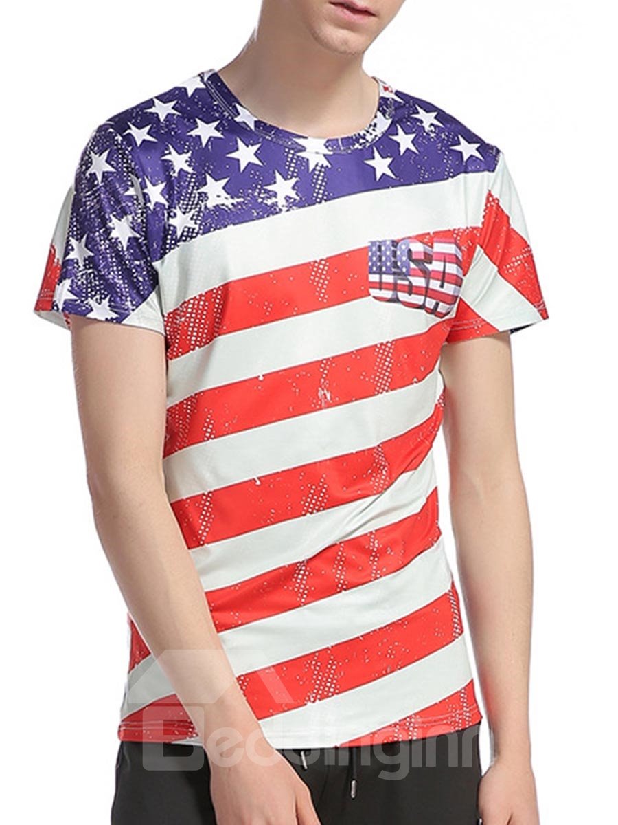 American Flag Print Round Neck Men Short Sleeve 3D Tee T-Shirt
