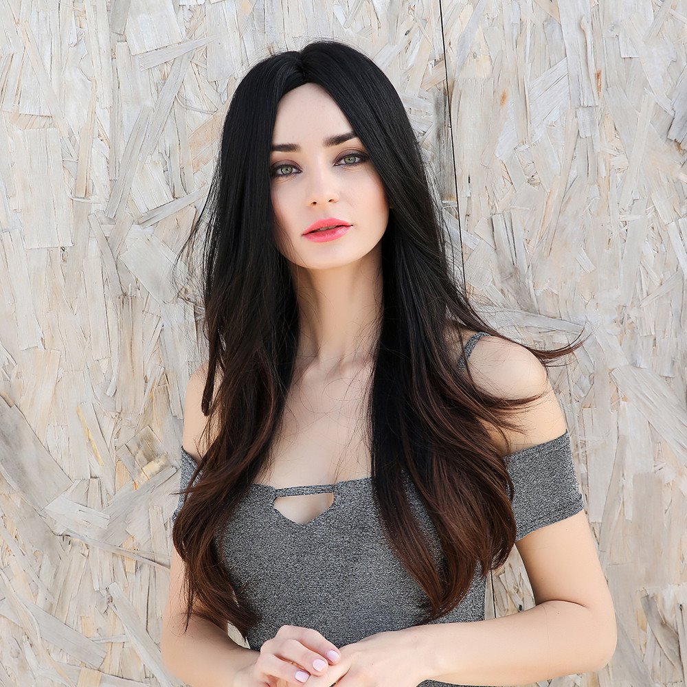 Synthetisches Haar für Damen, natürlich, gerade, kappenlos, 61 cm, 130 % Perücken, hitzebeständig, natürlich aussehende, tägliche Party-Perücken, Cosplay-Perücken mit natürlichem Pony, mit kostenloser Perückenkappe