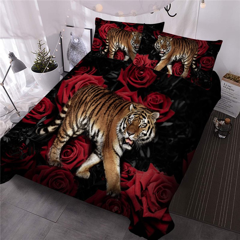 Juego de edredón con estampado de tigre y rosa roja en 3D de 3 piezas, juego de cama ultrasuave que no se decolora, 1 edredón y 2 fundas de almohada Queen King