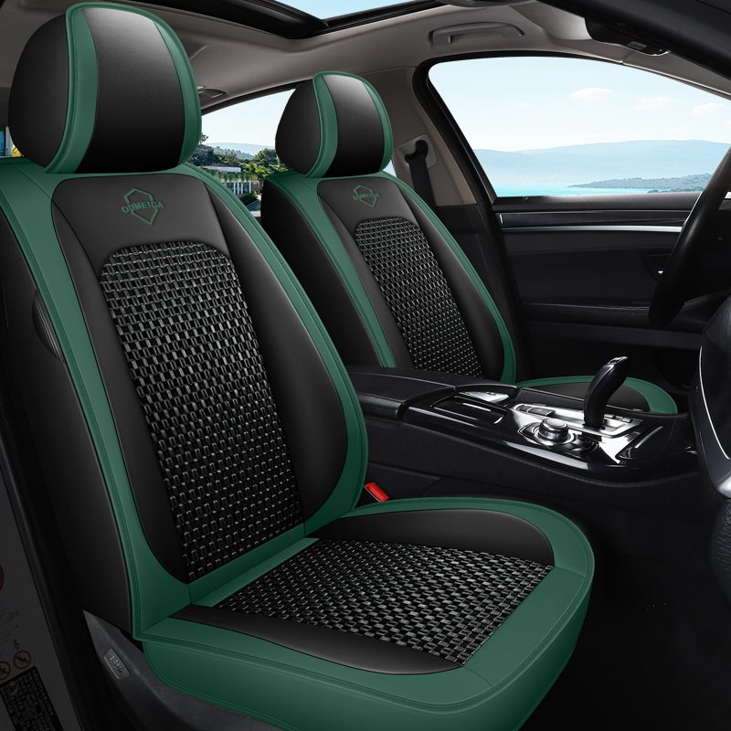 Fundas de asiento de ajuste universal de 5 plazas para verano Combinación de cuero duradero y material de lino transpirable Compatible con bolsas de aire