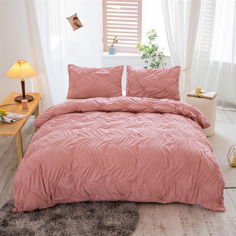 Modern Pleated 3-piece Duvet Cover Set Solid Color Polyester Bedding Set 1 Duvet Cover 2 Pillowcases