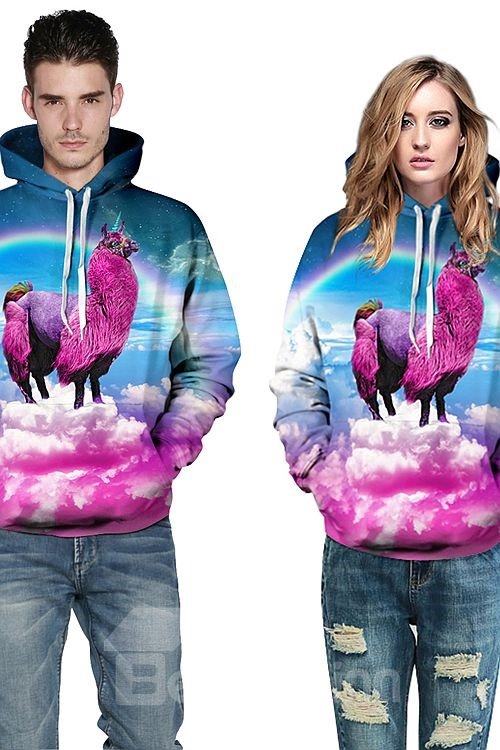 Long Sleeve Fushia Alpaca Animals Fashion Design Pattern 3D Painted Hoodie