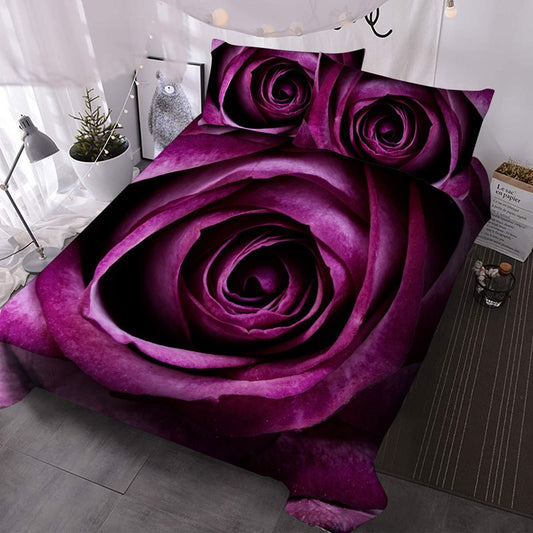 Elegant Purple Rose 3D 3-Piece Comforter Set Floral Bedding Set Microfiber